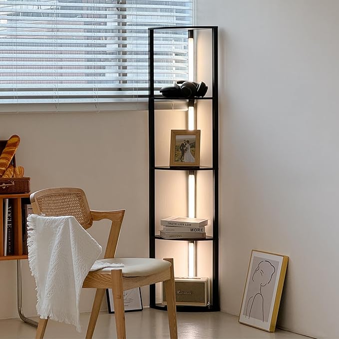 FENLO Fancy - LED Display Shelf with Dimmable Lights, LED Shelf Floor Lamps for Living Room, Sturdy Corner Shelf Curio Cabinet Display, Tall Floor Lamps with Shelves - LeafyLoom