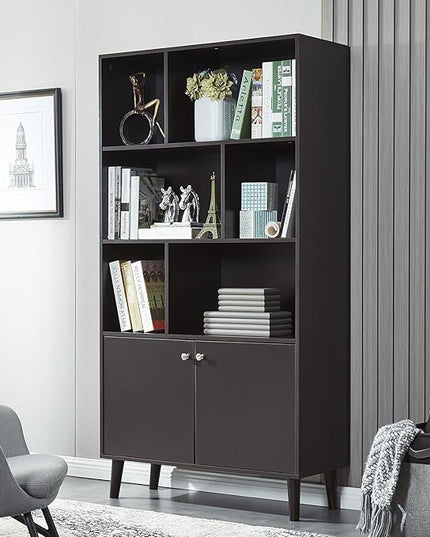 Modern Bookcase with 2 Doors, Shelf Organizer for Display, Wooden Bookshelf Library with 6 Storage Cabinet for Home Office (coffee) - LeafyLoom