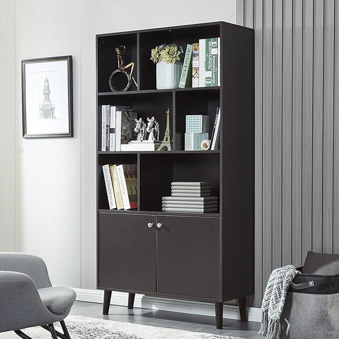 Modern Bookcase with 2 Doors, Shelf Organizer for Display, Wooden Bookshelf Library with 6 Storage Cabinet for Home Office (coffee) - LeafyLoom