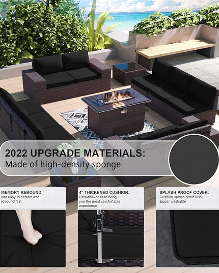 Kullavik 13 Pieces Outdoor Patio Furniture Set with 43" 55000BTU Gas Propane Fire Pit Table PE Wicker Rattan Sectional Sofa Patio Conversation Sets,Black - LeafyLoom