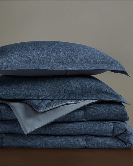 Blue King Comforter Set - Navy Soft Luxury Chambray Printed, All Season Lightweight Breathable Bedding Set, 3 Pieces Including 1 Comforter and 2 Pillow Shams - LeafyLoom