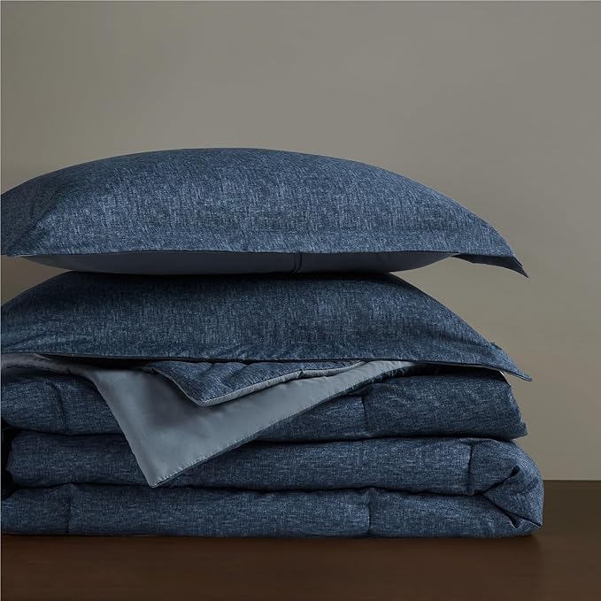 Blue Queen Comforter Set - Navy Soft Luxury Chambray Printed, All Season Lightweight Breathable Bedding Set, 3 Pieces Including 1 Comforter and 2 Pillow Shams - LeafyLoom