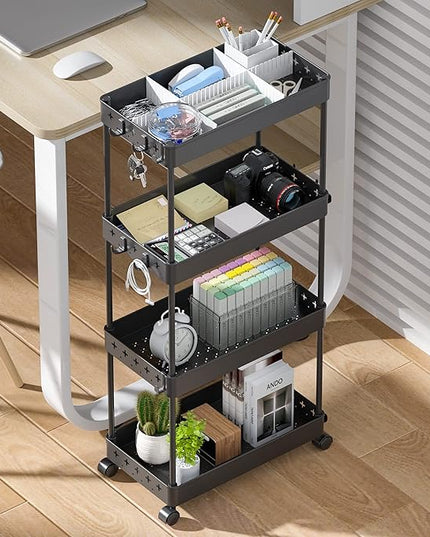 TOOLF 4 Tier Utility Cart with Wheels, Rolling Cart with Adjustable Divider & Hooks, Cart Organizer for Diaper Craft Snack, Narrow Storage Cart for Laundry Bedroom Bathroom Kitchen, Black - LeafyLoom