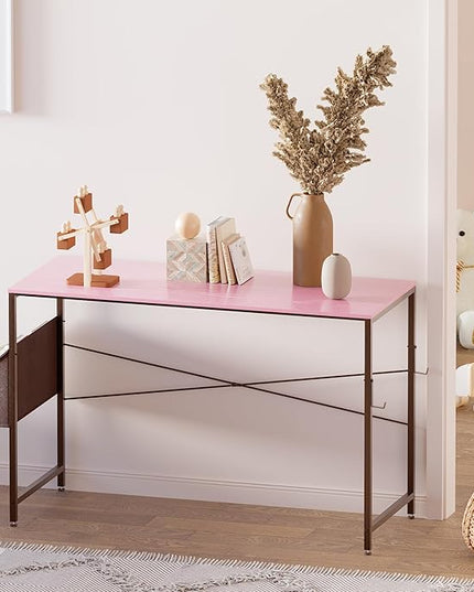 Pamray 47 Inch Computer Desk Small Spaces Desk with Storage Bag for Bedroom Writing and Home Office Work Small Study Desk Table Pink - LeafyLoom