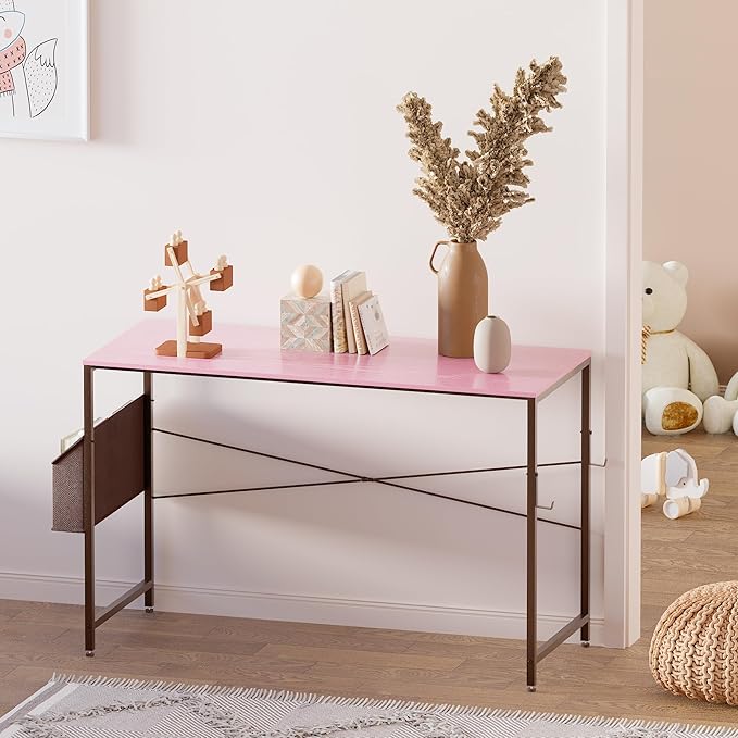 Pamray 47 Inch Computer Desk Small Spaces Desk with Storage Bag for Bedroom Writing and Home Office Work Small Study Desk Table Pink - LeafyLoom
