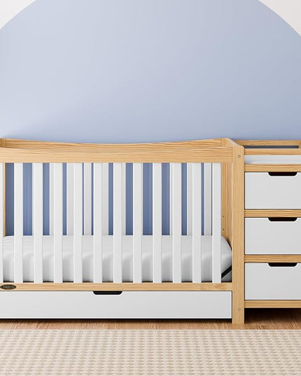 Graco Remi 4-In-1 Convertible Crib & Changer With Drawer (White & Natural) – GREENGUARD Gold Certified, Crib And Changing-Table Combo, Includes Changing Pad, Converts To Toddler Bed, Full-Size Bed - LeafyLoom