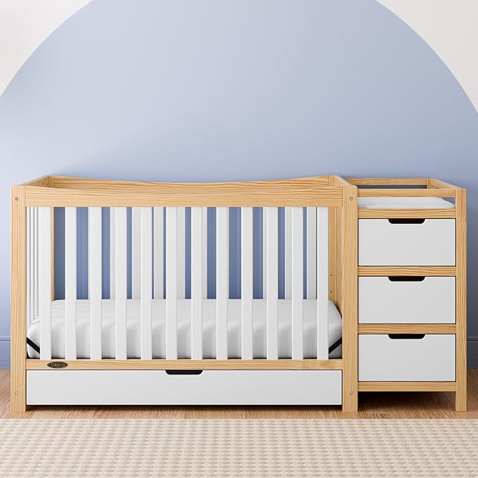 Graco Remi 4-In-1 Convertible Crib & Changer With Drawer (White & Natural) – GREENGUARD Gold Certified, Crib And Changing-Table Combo, Includes Changing Pad, Converts To Toddler Bed, Full-Size Bed - LeafyLoom
