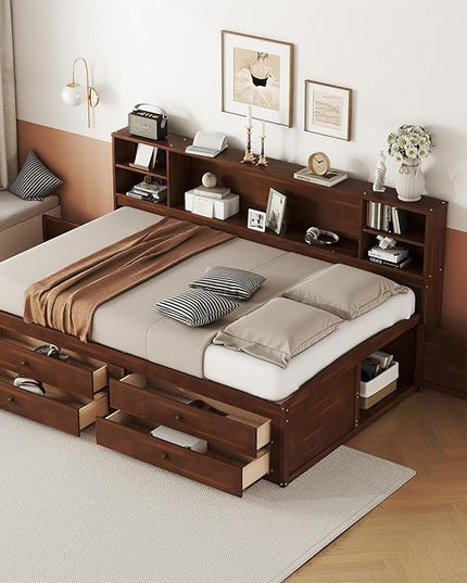 Merax Wooden Captain Bed Frame with Storage,Full Size Platform Bed with Built-in Storage Shelves,4 Drawers and 2 Cabinets,Full Size Daybed for Living Room - LeafyLoom
