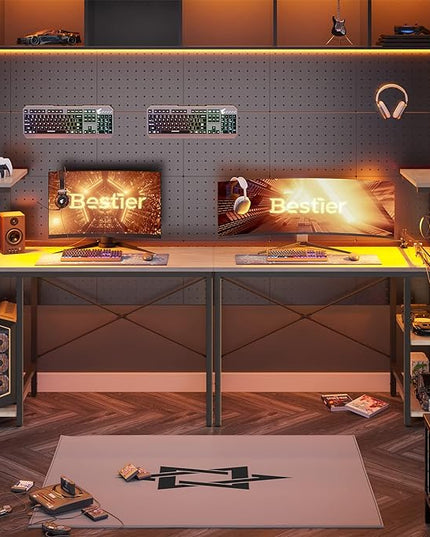 Bestier Computer Desk with 4 Tiers Shelves, Gaming Desk with LED lights, 44 Inch Office Desk with Storage Bag & Printer Shelf (Retro Grey Oak) - LeafyLoom