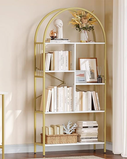 YITAHOME Gold Arched Bookshelf and Bookcase, 5 Tier Standing Book Shelf, Storage Display Rack Shelves for Bedroom Living Room Office,White&Gold - LeafyLoom