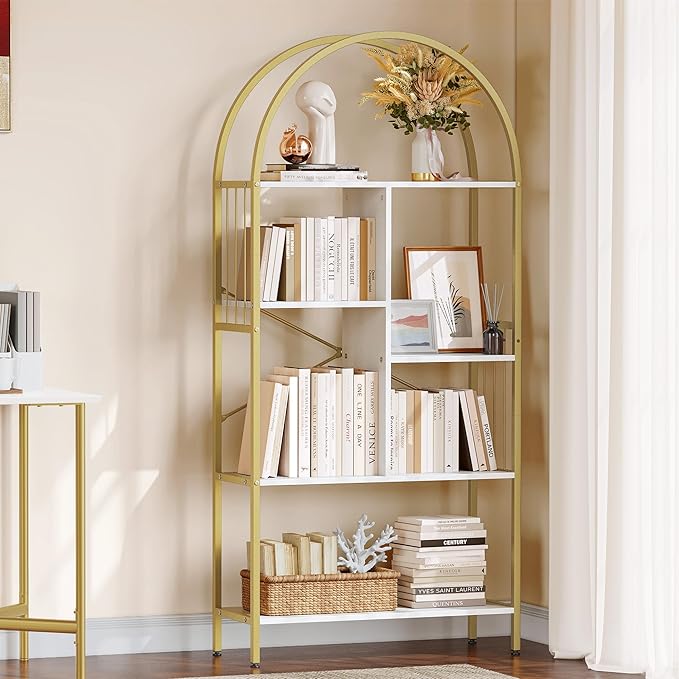 YITAHOME Gold Arched Bookshelf and Bookcase, 5 Tier Standing Book Shelf, Storage Display Rack Shelves for Bedroom Living Room Office,White&Gold - LeafyLoom