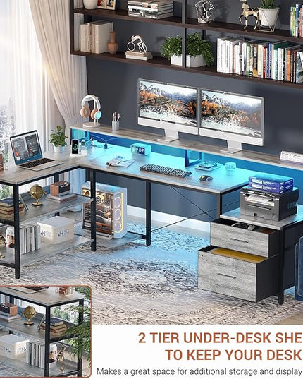 Aheaplus L Shaped Desk with File Drawer, 66" Reversible L Shaped Computer Desk with Power Outlet & LED Strip, Gaming Desk with Monitor Stand, Office Desk Corner Desk with Storage Shelf, White Oak - LeafyLoom