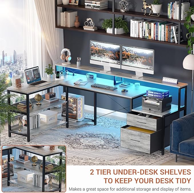 Aheaplus L Shaped Desk with File Drawer, 66" Reversible L Shaped Computer Desk with Power Outlet & LED Strip, Gaming Desk with Monitor Stand, Office Desk Corner Desk with Storage Shelf, White Oak - LeafyLoom