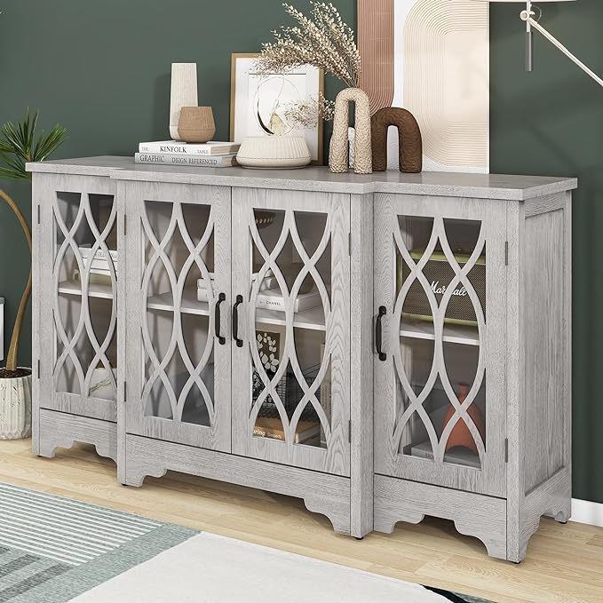 58" Retro Sideboard Glass Door with Curved Line Design,Wood Ample Storage Cabinet,W/Black Handle and Three Adjustable Shelves,for Dining Living Room Entryway,Antique White - LeafyLoom