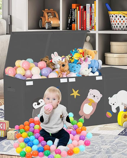 Large Toy Box Storage Chest,Sturdy Toys Storage Organizer Bin Basket with Dividers and Lids for Toddlers,Boys,Girls,Nursery,Closet,Living Room Area,Playroom(Grey Animals) - LeafyLoom