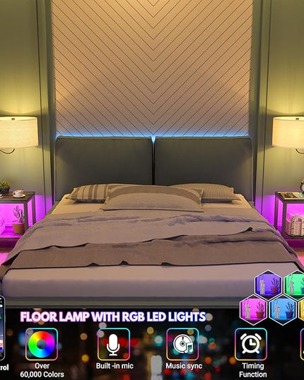 LED Floor Lamp with Table, Side Table with LED Light and Power Outlet, Bedside Nightstand with Lamp, End Table with Lamp Attached for Living Room, Bedroom, USB Ports, Bulb Included, Black Oak - LeafyLoom