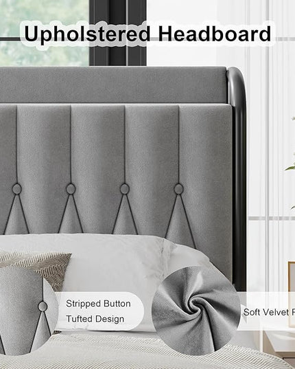 Feonase King Bed Frame with Type-C & USB Port, Metal Platform Beds, with Velvet Upholstered Headboard & Footboard, 12" Underbed Storage Space, Easy Assembly, Noise-Free, Gray - LeafyLoom