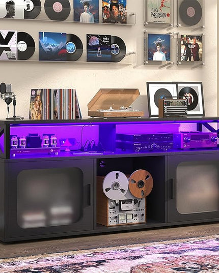 Aheaplus TV Stand for 55 60 Inch TV, Entertainment Center with LED Light & Charging Station, TV Console Table, Large Media Console Cabinet w/Soundbar Shelf, Cord Holes, for Living Room, Bedroom, Black - LeafyLoom