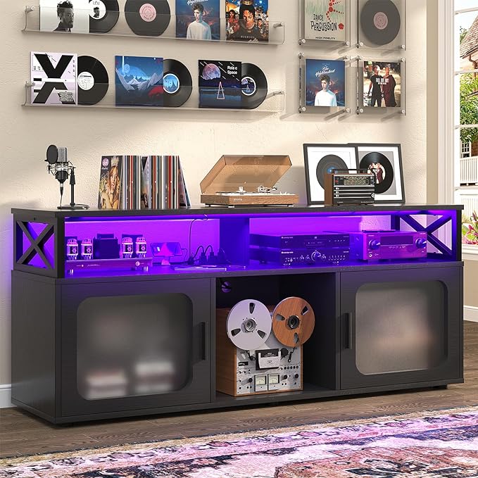 Aheaplus TV Stand for 55 60 Inch TV, Entertainment Center with LED Light & Charging Station, TV Console Table, Large Media Console Cabinet w/Soundbar Shelf, Cord Holes, for Living Room, Bedroom, Black - LeafyLoom