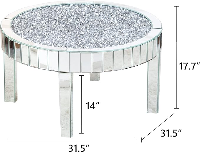 Mirrored Coffee Table with Crystal Inlay, 31.5'' Modern Round Coffee Table with Mirror Surface, Silver Accent Table for Living Rooms Bedrooms Entryways Decor - LeafyLoom