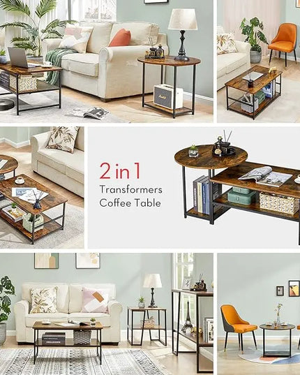 WOHOMO Coffee Table, Mid Century Modern Coffee Table for Living Room Rustic Farmhouse Center Table 2 in 1Detachable Table Set, Rustic Brown - LeafyLoom