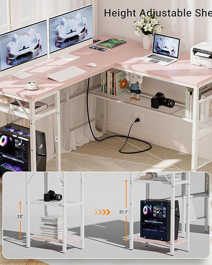 Reversible L Shaped Gaming Desk, Large Corner Computer Desks with Power Outlets and USB Ports, Sturdy Home Office Table with Storage Shelf, Attractive Grid Design Writing Desk, Pink - LeafyLoom