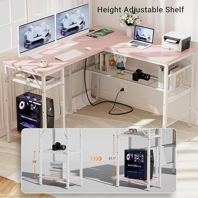 Reversible L Shaped Gaming Desk, Large Corner Computer Desks with Power Outlets and USB Ports, Sturdy Home Office Table with Storage Shelf, Attractive Grid Design Writing Desk, Pink - LeafyLoom