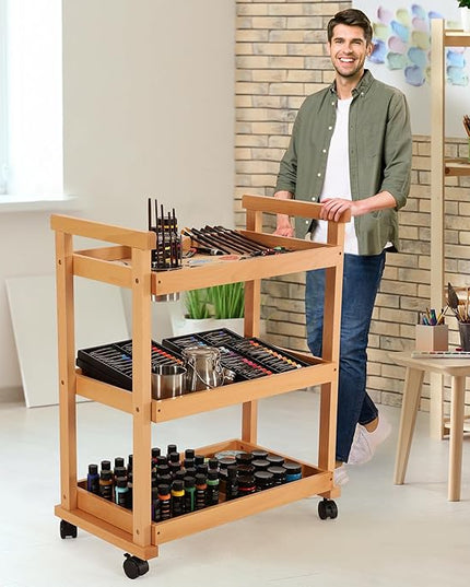 VISWIN 37" H Art Cart Storage Organizer 3-Tier, Solid Beech Wood Rolling Utility Cart with Caster Wheels, Multifunctional Art Supplies Craft Cart Organizer, Trolley for Studio, Classroom, Kitchen - LeafyLoom