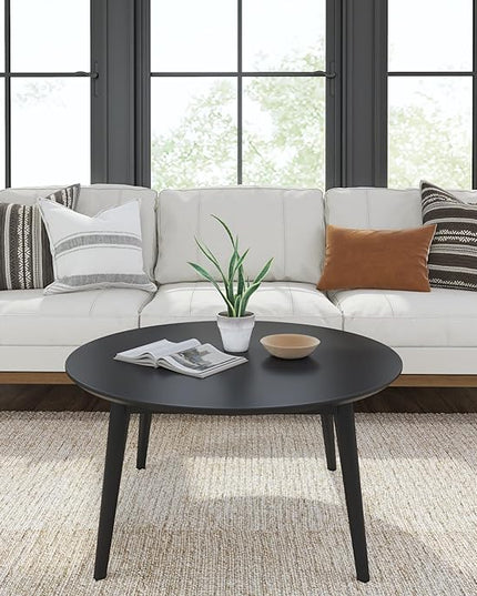 Plank+Beam Mid Century Modern Coffee Table, 36 Inch Wood Coffee Tables for Living Room, Round Center Table, Cocktail Table for Small Spaces, Black - LeafyLoom