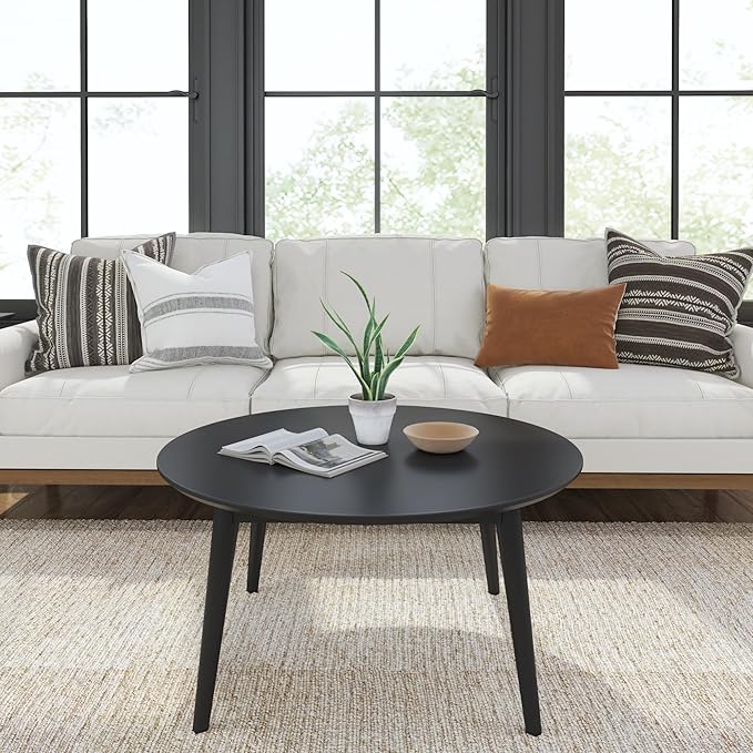 Plank+Beam Mid Century Modern Coffee Table, 36 Inch Wood Coffee Tables for Living Room, Round Center Table, Cocktail Table for Small Spaces, Black - LeafyLoom