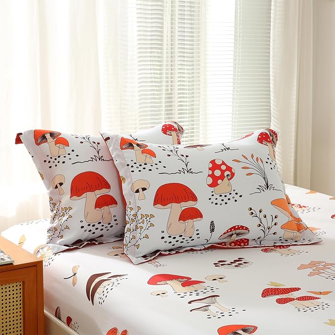 Mushroom Comforter Set Twin Size for Boys Girls Kids Teens 7 Piece Butterfly Flower Bedding Set Bed in a Bag (1 Comforter, 1 Flat Sheet, 1 Fitted Sheet, 2 Pillow Shams, 2 Pillowcases) - LeafyLoom