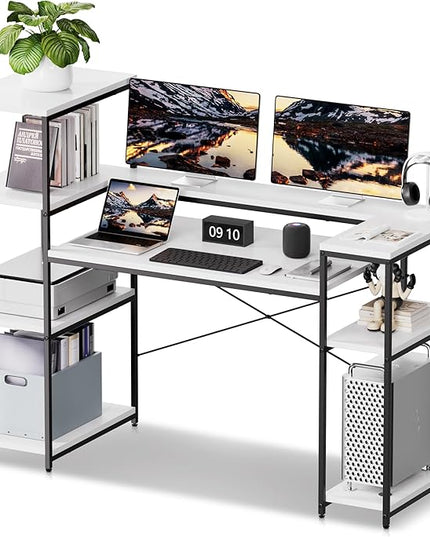 63-Inch Computer Desk with Printer Shelf, Teen Desk, Home Office Desk with Monitor Stand and Bookshelf for Study, Writing, PC Work, Gaming - LeafyLoom