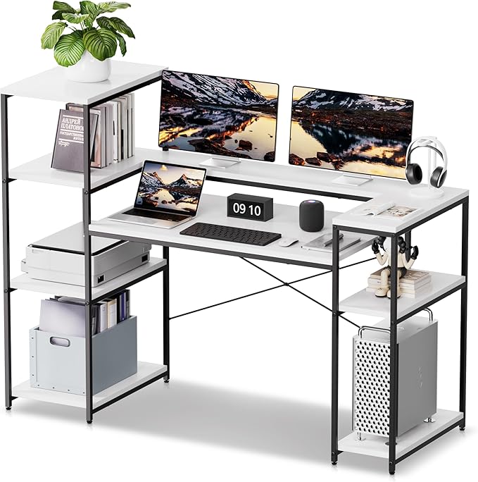 63-Inch Computer Desk with Printer Shelf, Teen Desk, Home Office Desk with Monitor Stand and Bookshelf for Study, Writing, PC Work, Gaming - LeafyLoom