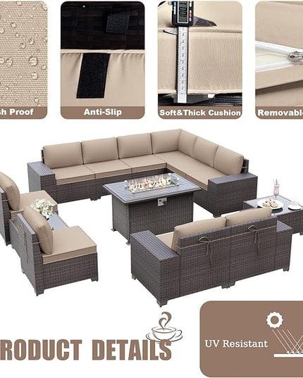 Patio Furniture Sectional Sofa Set 13-Pieces PE Rattan Patio Conversation Set w/43in Gas Fire Pit Table, Outdoor Furniture with 55000 BTU Propane Fire Pit, Sand - LeafyLoom