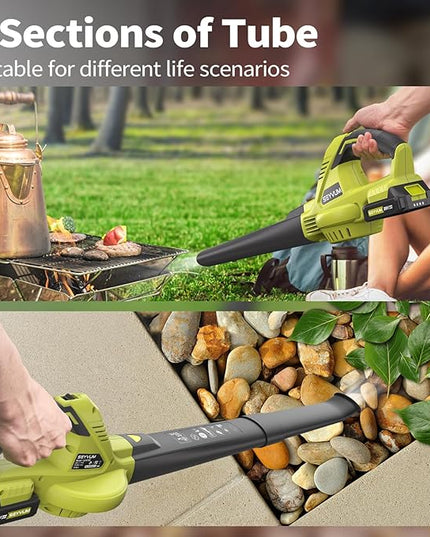 SEYVUM Leaf Blower, 20V Cordless Leaf Blower with 2 Pcs Li-ion Battery, Electric Leaf Blower for Lawn Care, 320CFM 150MPH Battery Powered Leaf Blower, for Patio, Garden Cleaning, Fast Charger Included - LeafyLoom