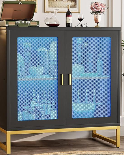 Aheaplus Sideboard Buffet Cabinet with Power Outlet, Accent Cabinet with Storage & LED Lights &Doors, Small Storage Cabinet Cupboard Console Cabinet for Kitchen, Hallway, Entryway, Living Room, Black - LeafyLoom