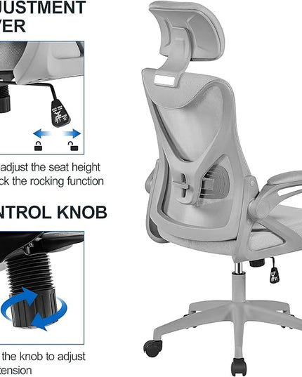 Yaheetech Ergonomic Mesh Office Chair, High Back Desk Chair with with flip-up Armrests, Adjustable Padded Headrest Computer Chair with Lumbar Support for Home Oiffce Game Room, Full Gray - LeafyLoom
