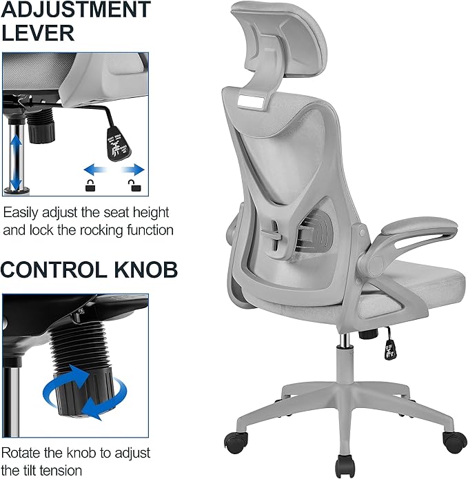 Yaheetech Ergonomic Mesh Office Chair, High Back Desk Chair with with flip-up Armrests, Adjustable Padded Headrest Computer Chair with Lumbar Support for Home Oiffce Game Room, Full Gray - LeafyLoom