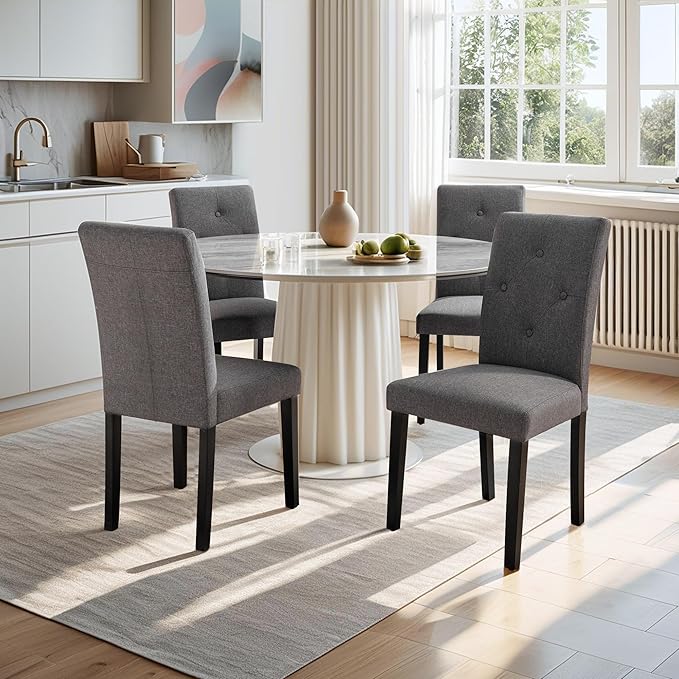 VECELO Upholstered Dining Chairs Set of 2 Modern Fabric and Solid Wood Legs &High Back for Kitchen/Living Room-DGRY - LeafyLoom