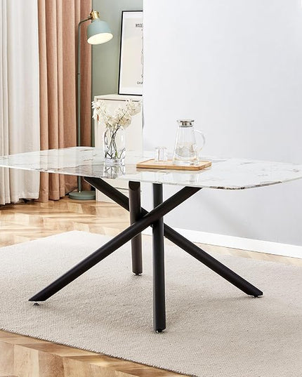 NicBex Large Rectangular Imitation Marble Dining Table 6-8 Seats Black Artificial Marble Countertop Smooth Chrome Legs Sleek Chrome Legs for Kitchen, Dining, Living, Meeting, Banquet, White + Black - LeafyLoom