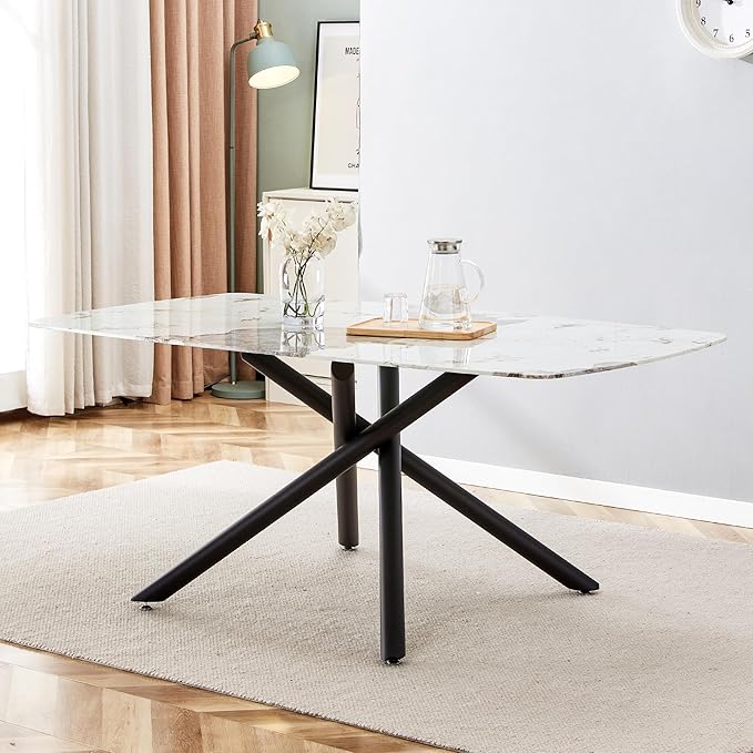 NicBex Large Rectangular Imitation Marble Dining Table 6-8 Seats Black Artificial Marble Countertop Smooth Chrome Legs Sleek Chrome Legs for Kitchen, Dining, Living, Meeting, Banquet, White + Black - LeafyLoom