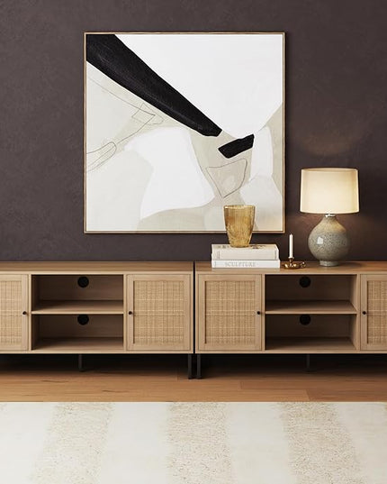 Nathan James Mina Modern Entertainment Cabinet, Console with a Natural Wood Finish and Matte Accents with Rattan Storage Doors for Living Media Room, Oak/Black - Set of 2 - LeafyLoom