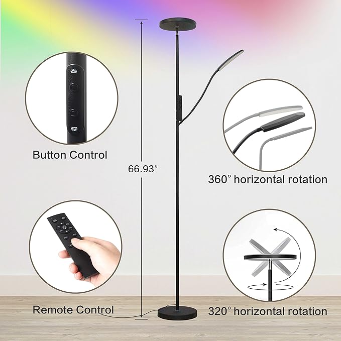RGB Floor lamp,LED floor lamps for living room, super bright tall standing lamp with Remote &Touch control, Adjustable angle reading floor lamp for Bedroom office - LeafyLoom