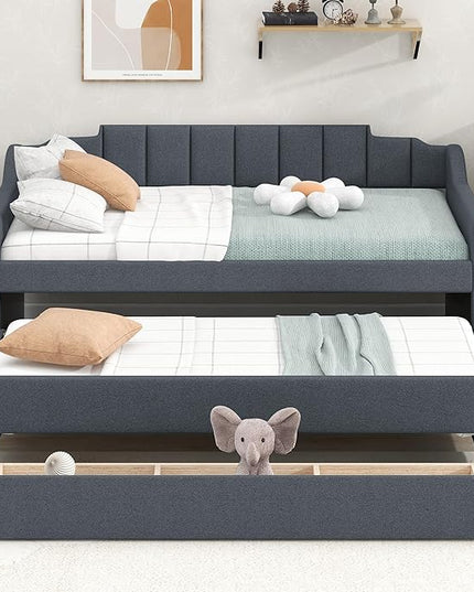 Merax Linen Upholstered Daybed Three Storage Size Wooden Sofa Bed Frame with Backrest and Both Side Armrests for Living, Guest Room, Apartments, Office, Twin with Trundle and Drawers, Grey - LeafyLoom