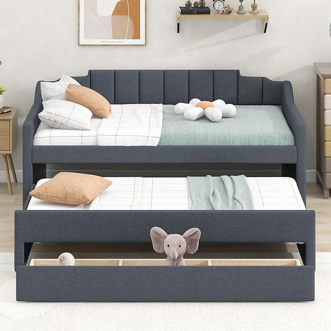 Merax Linen Upholstered Daybed Three Storage Size Wooden Sofa Bed Frame with Backrest and Both Side Armrests for Living, Guest Room, Apartments, Office, Twin with Trundle and Drawers, Grey - LeafyLoom