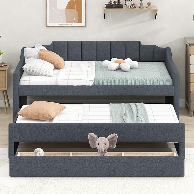Merax Linen Upholstered Daybed Three Storage Size Wooden Sofa Bed Frame with Backrest and Both Side Armrests for Living, Guest Room, Apartments, Office, Twin with Trundle and Drawers, Grey - LeafyLoom