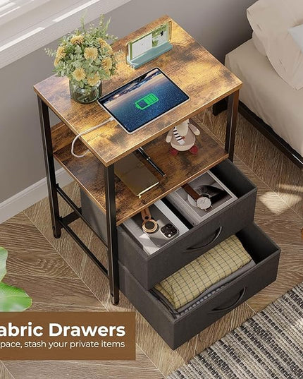 Seventable Nightstand set of 2 with Charging Station, Bedside table with LED Lights, Night stand with 2 Fabric Drawers, 3-Tier Storage End Table for Bedroom, Rustic Brown - LeafyLoom