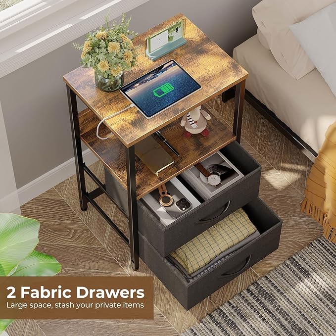 Seventable Nightstand set of 2 with Charging Station, Bedside table with LED Lights, Night stand with 2 Fabric Drawers, 3-Tier Storage End Table for Bedroom, Rustic Brown - LeafyLoom