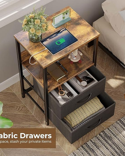 Seventable Nightstand with Charging Station, Bedside table with LED Lights, Night stand with 2 Fabric Drawers, 3-Tier Storage End Table for Bedroom, Rustic Brown - LeafyLoom