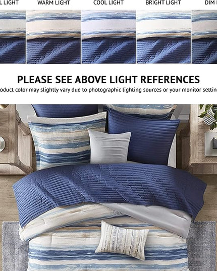 Madison Park Marina Comforter Quilt Combo Set - Modern Luxury Design, All Season Down Alternative Bedding, Matching Shams, Decorative Pillows, King/Cal King(104"x92") Seersucker Blue 8 Piece - LeafyLoom